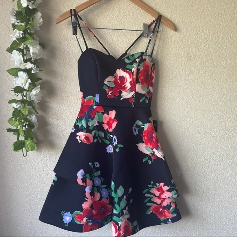 Sequin Hearts Navy Blue Floral Prom Tiered Layered Mini Dress